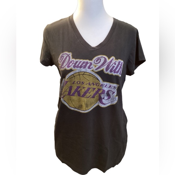 Mighty Fine presents Hardwood NBA Classic Medium”Down with LA Lakers”Vneck shirt - Picture 1 of 9